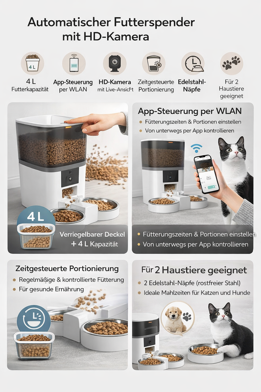 Intelligenter Futterspender für Katzen und Hunde mit App-Steuerung WLAN und HD-Kamera