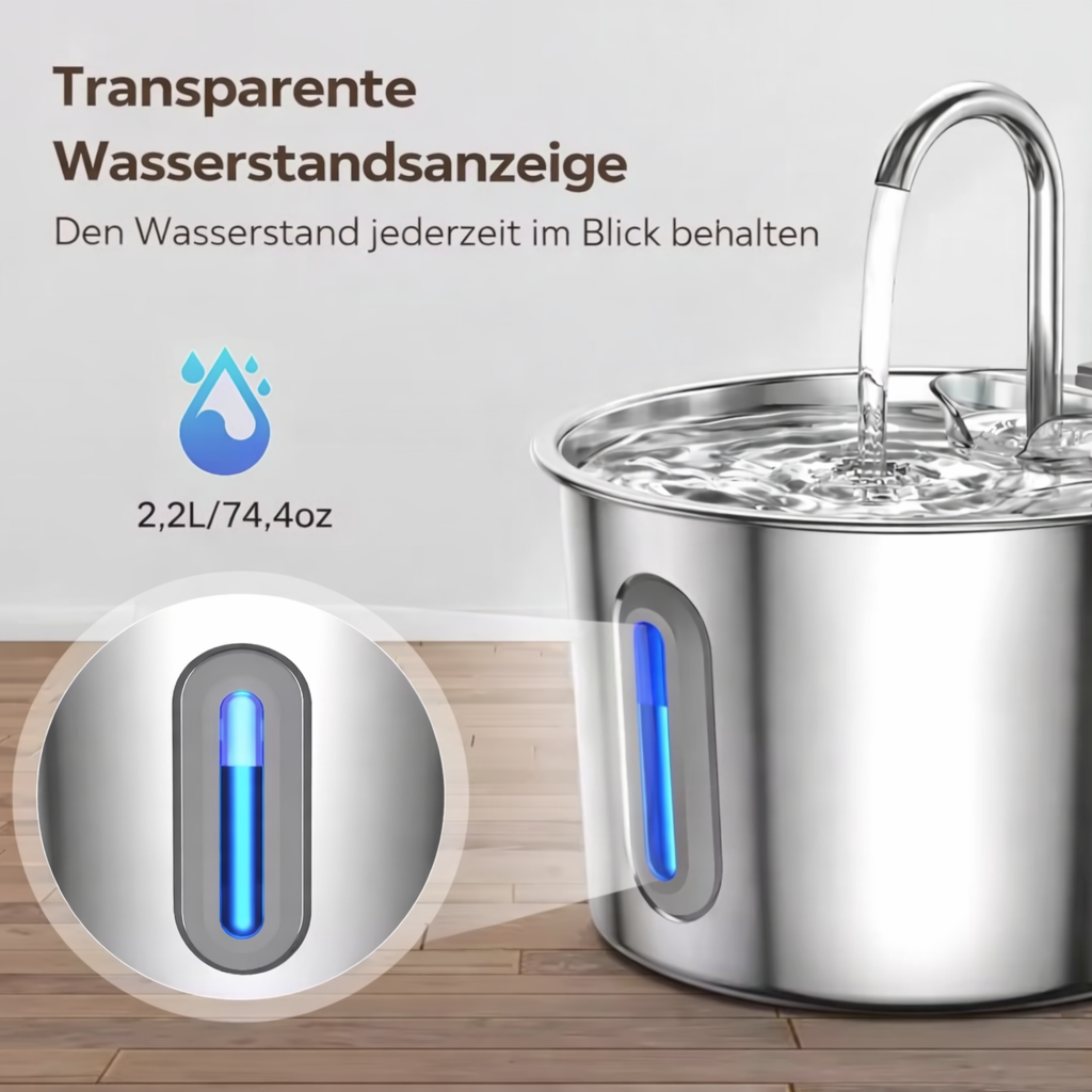 pawly.tech Katzenbrunnen Edelstahl mit transparenter Wasserstandsanzeige und 2,2 Liter Fassungsvermögen