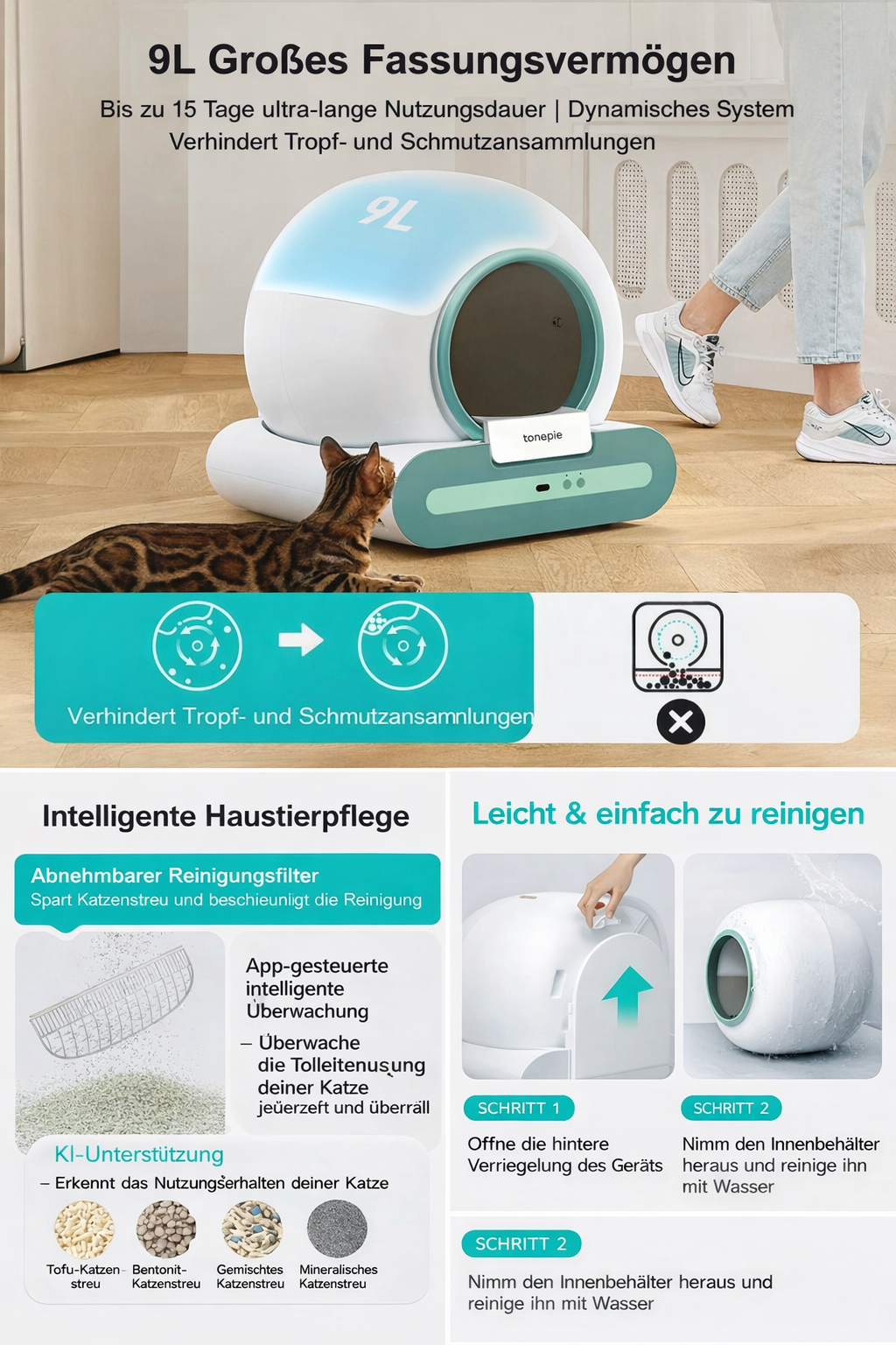Automatic cat toilet with app control und 9L Fassungsvermögen zur intelligenten Katzenpflege