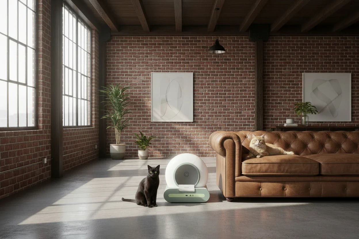 Modernes Wohnzimmer mit braunem Ledersofa und automatic cat toilet with app control neben schwarzer Katze