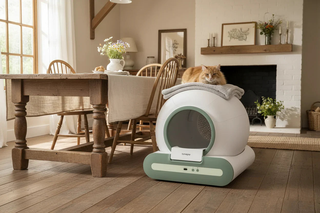 Modernes automatic cat toilet with app control in stilvollem Wohnzimmer mit Katze auf grau Decke