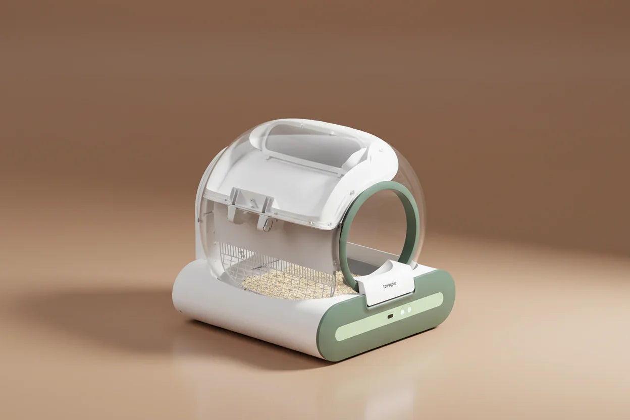 Modernes automatic cat toilet with app control von pawly.tech in Weiß und Grün mit transparentem Abdeckungsdesign