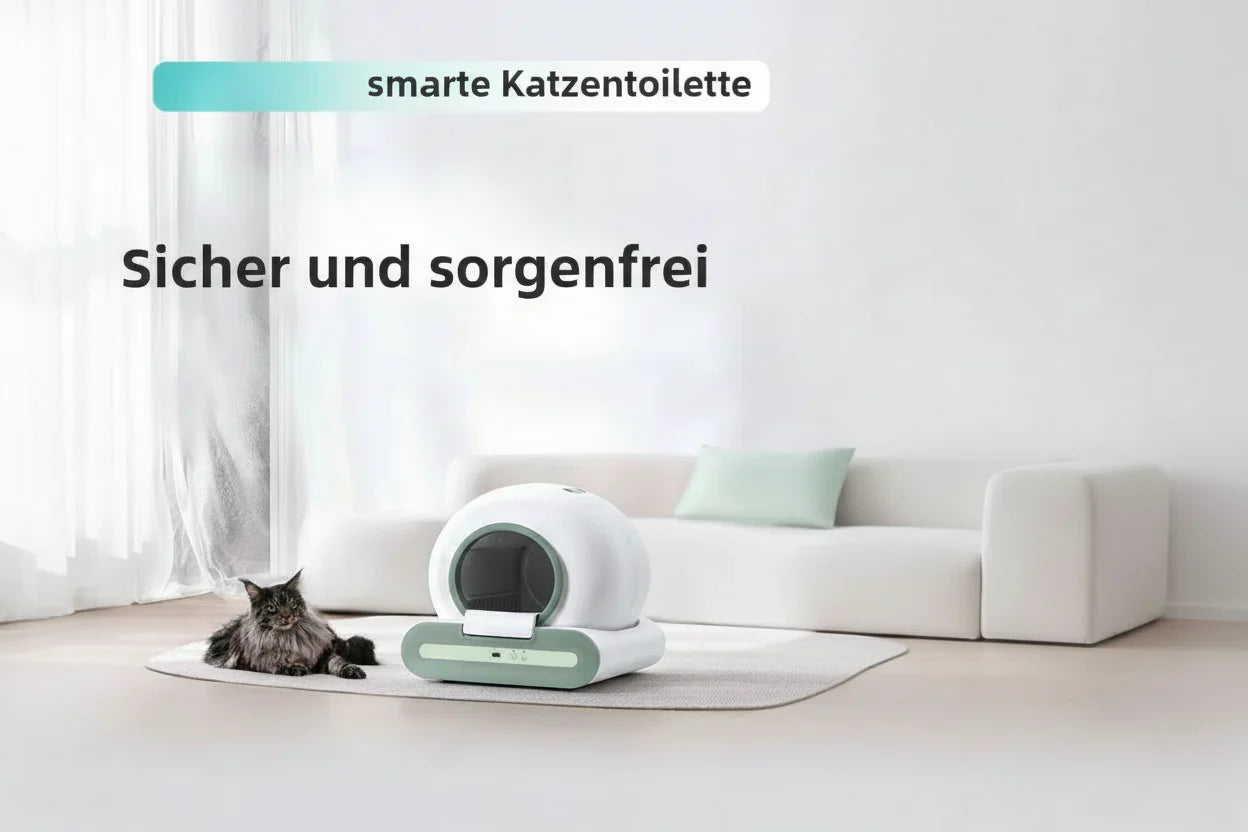 Modernes Wohnzimmer mit automatic cat toilet with app control und entspannter Katze auf hellem Teppich